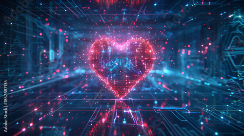 Vibrant digital heart in futuristic circuit board background