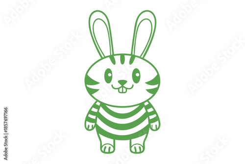A cute cartoon green bunny with stripes smiles playfully on a white background