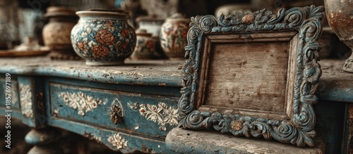 Antique objects on a weathered blue table, frame, pottery, with ornate detail