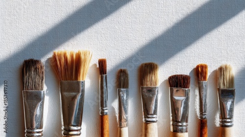 A row of paintbrushes on textured white paper, lit by sunlight creating striped shadows across the surface