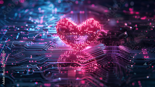 Glowing pink heart on digital circuit board with neon lights