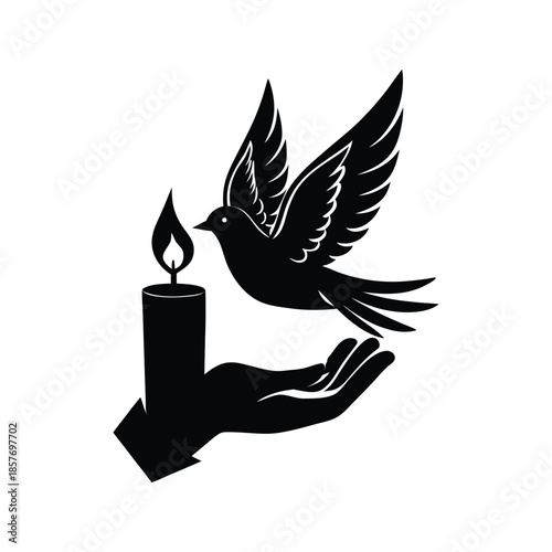 Hand holding candle with dove flying away silhouette flame light