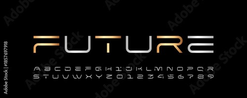 Technical font, digital wide alphabet, cyber golden silver letters from A to Z and numbers from 0 to 9 for you logo designs, vector illustration 10EPS