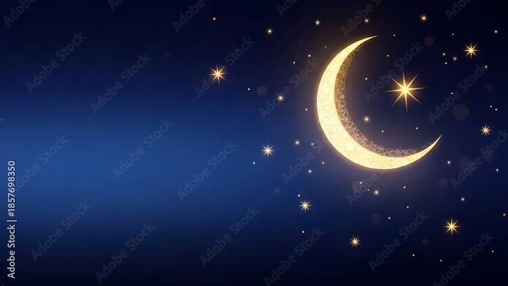 Naklejka premium Elegant Ramadan background with crescent moon and stars, dark blue gradient, copy space.