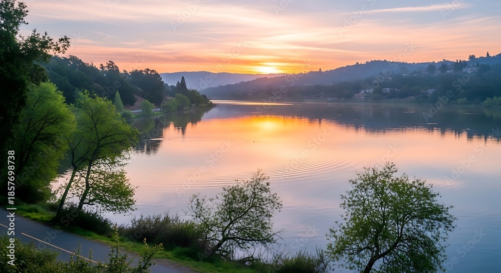 Fototapeta premium Serene Sunset Over Tranquil Lake Reflecting Golden Hues.