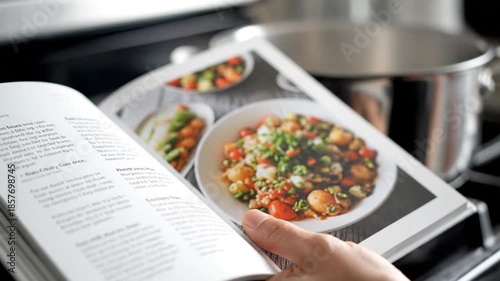 Hand holding a cookbook open to a healthy recipe in a kitchen