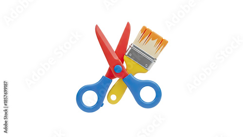 3D Scissors and paintbrush icon on transparent background