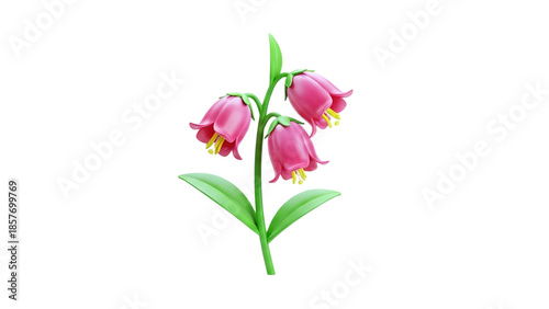 3D Stylized pink bell flowers on stem with green leaves on transparent background