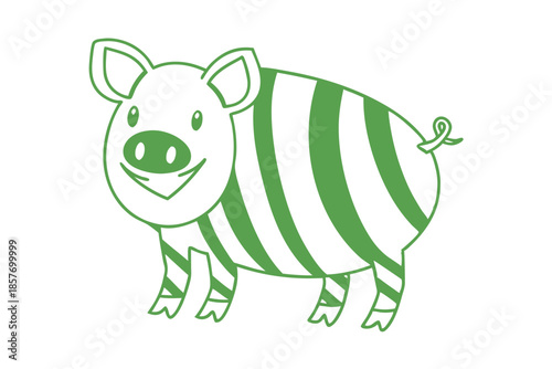 Outlined pig smiles brightly with green stripes, a whimsical, clean animal drawing