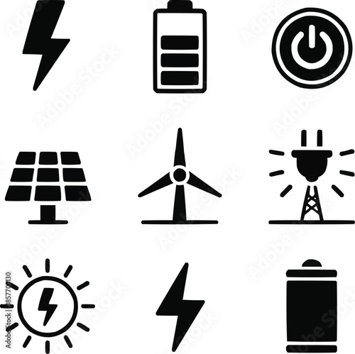 Electricity & Energy Solid Icon Set Power and Renewable Symbols
