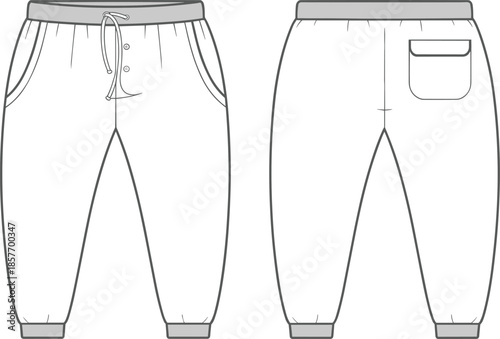 Men jogger pants technical flat CAD drawing, elastic waistband sweatpants front and back view vector illustration