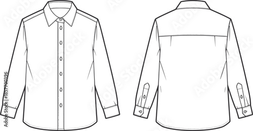 Men long sleeve shirt technical drawing, front back view, apparel CAD flat sketch vector illustration, button cuff formal shirt design