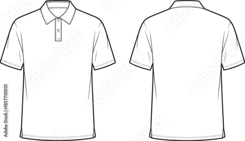 Men polo shirt technical drawing, front back view, apparel CAD flat vector illustration, short sleeve collar polo shirt design