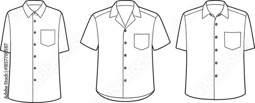 Men short sleeve shirt technical drawing, apparel CAD sketch, fashion flat vector illustration, button front pocket shirt design