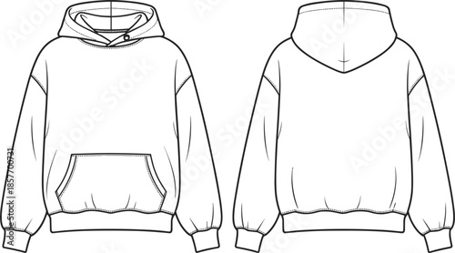 Oversized hoodie technical flat vector illustration, front and back view, pullover sweatshirt design, casual streetwear apparel cad drawing
