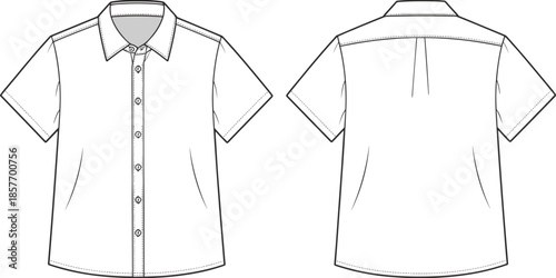 Short sleeve button shirt technical flat vector illustration, front and back view, collared casual apparel cad drawing template design fashion