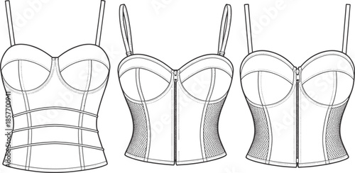 Women corset lingerie technical fashion sketch bustier top with boning mesh panels and zipper, cad drawing flat vector illustration design