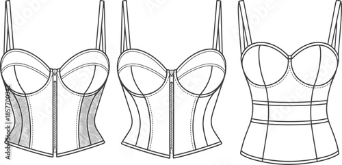 Women corset lingerie technical fashion sketch bustier top with structured cups and zipper closure, cad drawing flat vector illustration