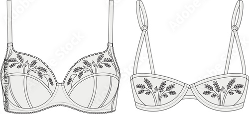 Women embroidered lingerie technical fashion sketch bra set with floral botanical details, apparel design cad drawing flat vector illustration artwork