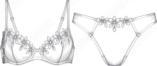 Women embroidered lingerie technical fashion sketch bra and thong underwear set with floral details, cad drawing flat vector illustration design
