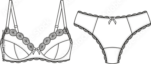 Women floral lace lingerie technical fashion sketch bra and panties underwear set with scalloped trim bow, cad drawing flat vector illustration