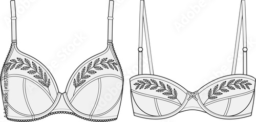Women embroidered lingerie technical fashion sketch bra set with floral leaf details, apparel design cad drawing flat vector illustration