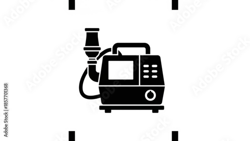 A medical ventilator device is shown on a white background with a simple illustration style
