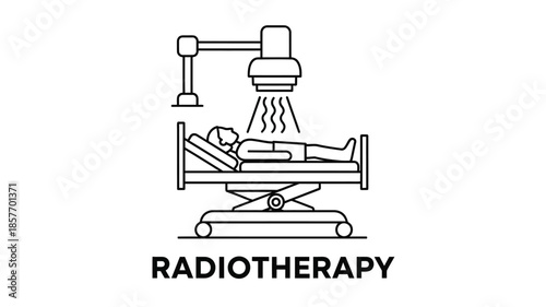 Radiotherapy treatment depiction a patient lies on a bed under radiation equipment