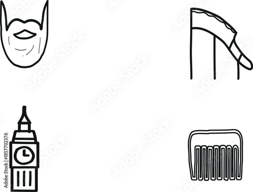 A black and white image containing four simple illustrations of a beard a handkerchief a tube of toothpaste and a toothbrush
