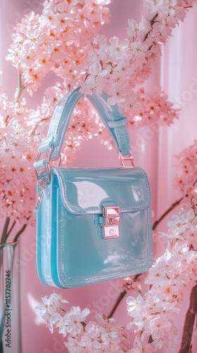 Vibrant Aqua Patent Handbag Nestled Among Soft Pink Cherry Blossoms