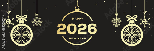 Elegant Happy New Year 2026 banner with golden baubles, snowflakes and hanging stars on a black background, luxury festive holiday illustration ideal for seasonal greetings, web headers and event invi