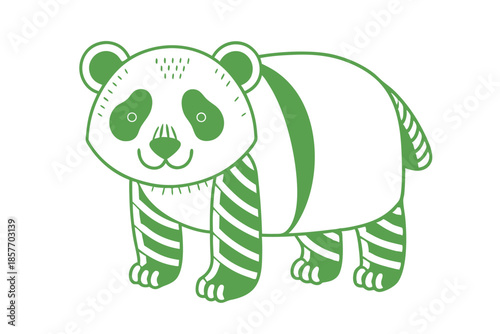 Smiling panda with green striped legs and body stands calmly on a white backdrop