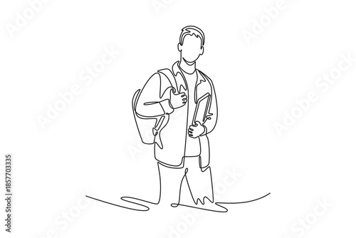 student with backpack and notebook. Education. Growing family life stage concept. Single line draw design. Vector graphic illustration