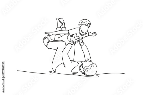 Loving dad feel playful engaged in funny game activity. Family bonding. Growing family life stage concept. Single line draw design. Vector graphic illustration