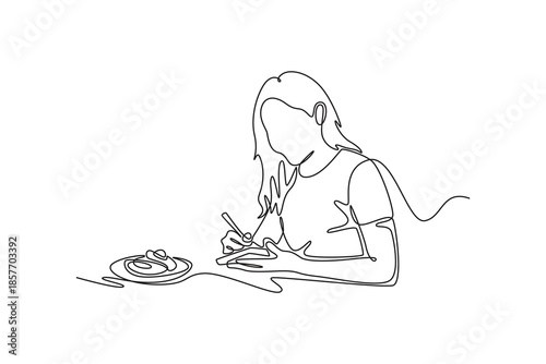 young woman write meal plan. Family Meal Planning. Growing family life stage concept. Single line draw design. Vector graphic illustration