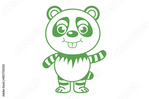 Cheerful green panda waves with playful joy, its simple design captivatingly charming