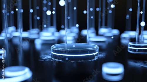 Vibrant Blue Liquid Stream Illuminating Futuristic Glass Petri Dish in Dark, High-Tech Lab Setting