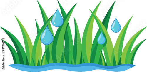 Green grass with blue water drops and blue water