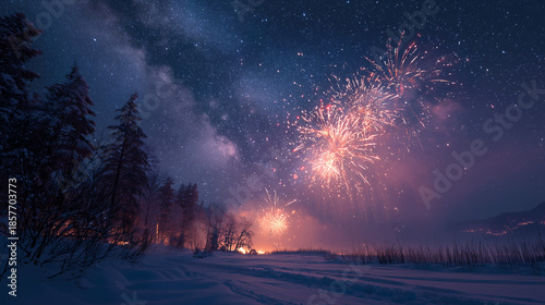 Winter night sky illuminated by fireworks