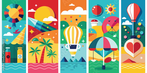 Colorful abstract summer vacation scenes with hot air balloons and beach