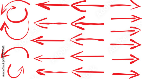 Collection of various hand drawn red arrows pointing in different directions for directional design elements.