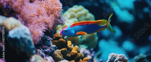 Vibrant Pink-Headed Blue Wrasse Gliding Through a Colorful Coral Reef