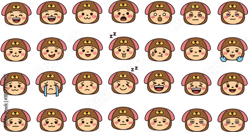 Cute cartoon character emoji set featuring various facial expressions and emotions with dog hat for social media messaging and user interface design.