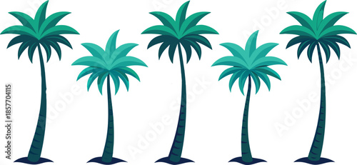 Five teal palm trees on white background tropical nature