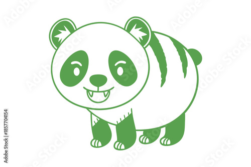 Cheerful green panda with playful grin stands on a white surface