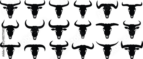 Bull head silhouettes, horn shapes, animal icons, vector clipart, black graphic, cattle design, livestock symbol, strong illustration