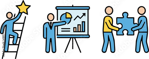 Business growth, data analysis, teamwork, strategic planning, puzzle collaboration, goal achievement, ambition, success, presentation, leadership, ladder climb