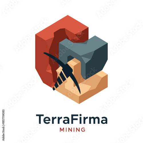 3D Mining Pickaxe and Blocks Logo Design.