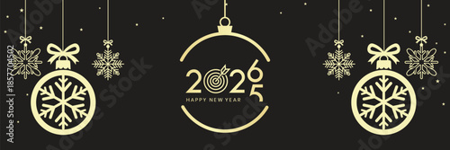 Elegant Happy New Year 2026 banner with golden baubles, snowflakes and hanging stars on a black background, luxury festive holiday illustration ideal for seasonal greetings, web headers and event invi