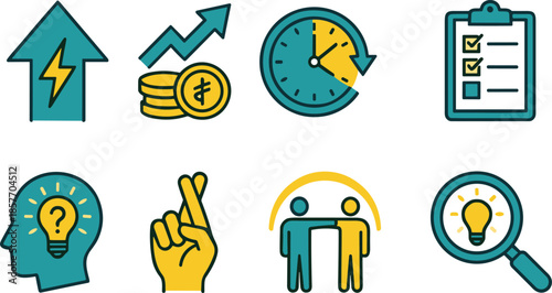 Business icons, financial growth, time management, checklist, ideas, teamwork, innovation, productivity, strategy, cartoon style, colorful